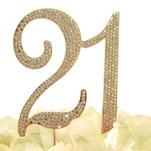 Rhinestone Cake Topper - Number 21 - Gold Metal with Czech Rhinestones